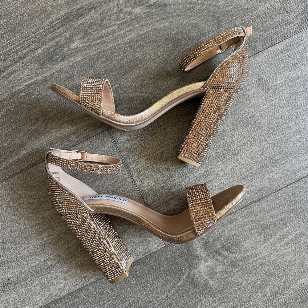 Steve Madden Gold Brown Rhinestone Embellished Block Heel Sandals